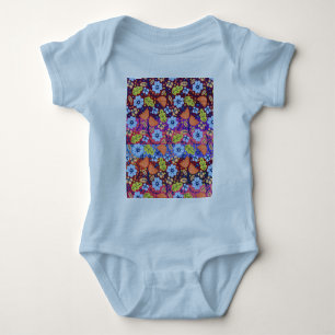  Light Dark Blue White Green Floral Art Christmas  Baby Bodysuit