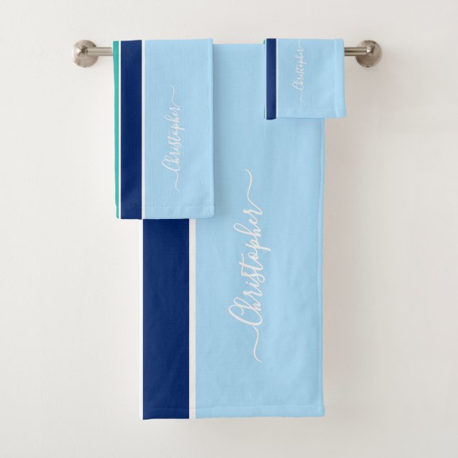 Light Dark Blue White Teal Racing Stripes Monogram Bath Towel Set (Insitu)