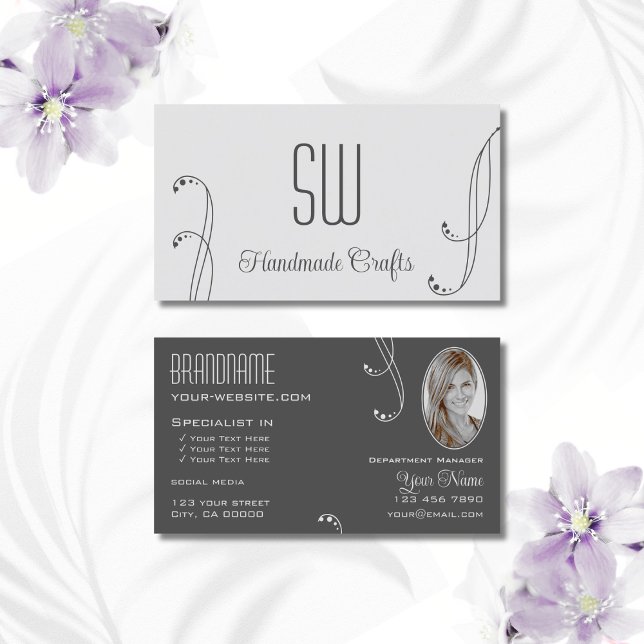 Light Dark Grey Ornate with Monogram and Photo Business Card (Creator Uploaded)
