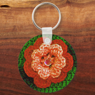 Light Dark Orange Flower Green Crochet Print on Key Ring