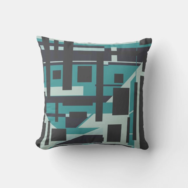 Light & Dark Teal on Charcoal Geometric Art Design Cushion (Front)
