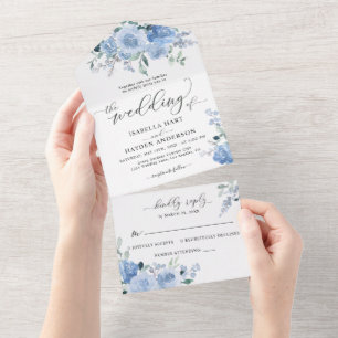 Light Dusty Baby Blue Floral Botanical Wedding All In One Invitation