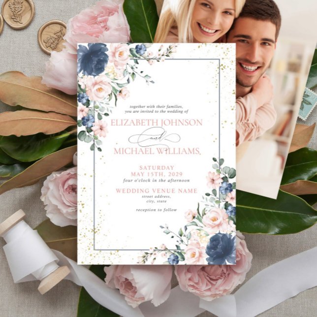 Light Dusty Blue Blush Pink Gold Floral Photo Invi Invitation (Creator Uploaded)