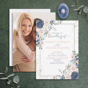 Light Dusty Blue Blush Pink Gold Floral Photo Invitation