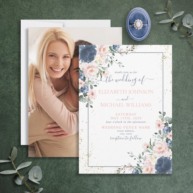 Light Dusty Blue Blush Pink Gold Floral Photo Invitation (Creator Uploaded)