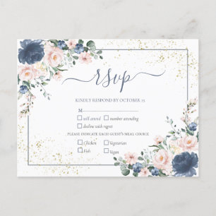 Light Dusty Blue Blush Pink Gold Floral RSVP Invitation Postcard