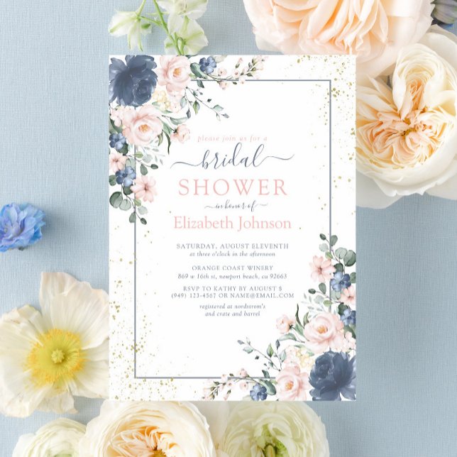 Light Dusty Blue Blush Pink Gold Floral Shower Invitation (Blush Blooms Await You: Join Us for a Bridal Shower to Remember)