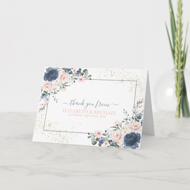 Light Dusty Blue Blush Pink Gold Floral Thank You Card (Front)