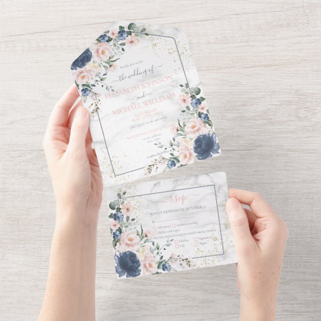 Light Dusty Blue Blush Pink Gold Floral Wedding All In One Invitation (Tearaway)