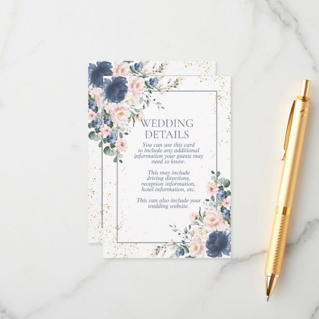 Light Dusty Blue Blush Pink Gold Floral Wedding Enclosure Card (Front/Back In Situ)