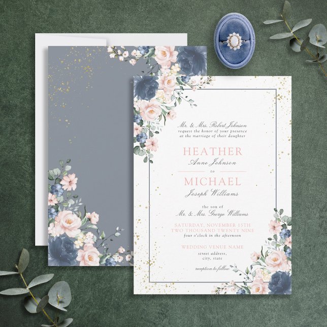 Light Dusty Blue Blush Pink Gold Floral Wedding In Invitation (Creator Uploaded)