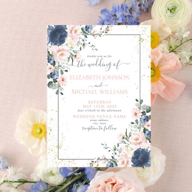 Light Dusty Blue Blush Pink Gold Floral Wedding Invitation (Love Blooms Here)