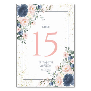 Light Dusty Blue Blush Pink Gold Floral Wedding Table Number