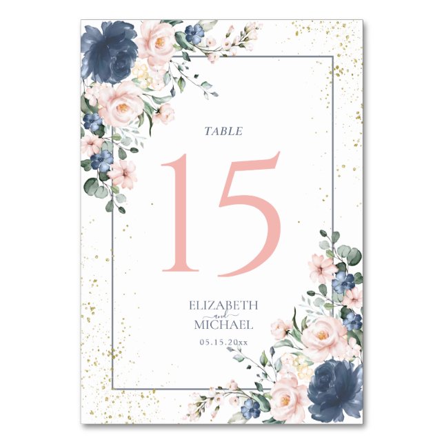 Light Dusty Blue Blush Pink Gold Floral Wedding Table Number (Front)