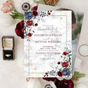 Light Dusty Blue Burgundy Floral Photo Wedding Invitation