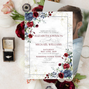 Light Dusty Blue Burgundy Floral Photo Wedding Invitation