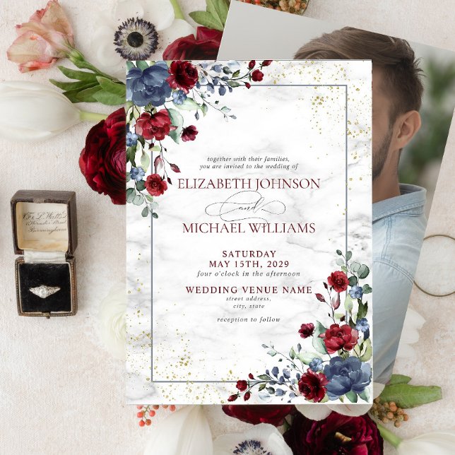 Light Dusty Blue Burgundy Floral Photo Wedding Invitation (Creator Uploaded)