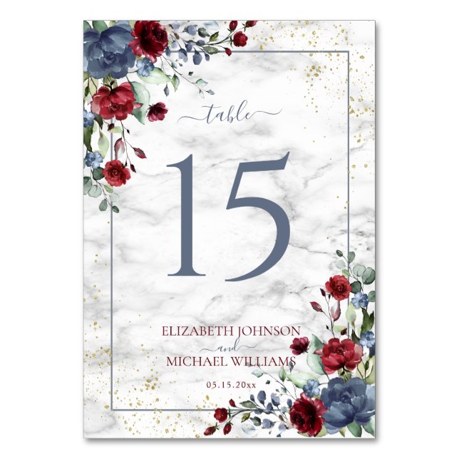 Light Dusty Blue Burgundy Floral Photo Wedding Table Number (Front)