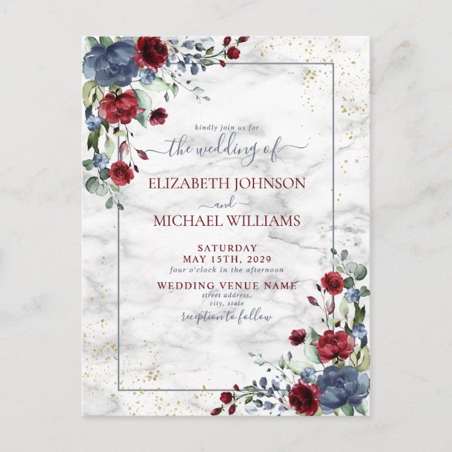 Light Dusty Blue Burgundy Floral Postcard Wedding (Front)