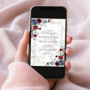 Light Dusty Blue Burgundy Floral Postcard Wedding