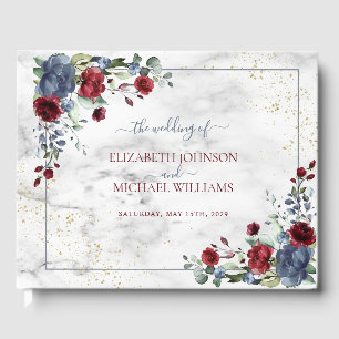 Light Dusty Blue Burgundy Floral Postcard Wedding Guest Book