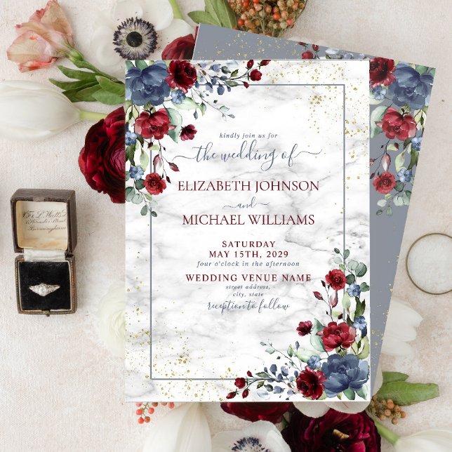 Light Dusty Blue Burgundy Gold Floral Wedding Invitation (Creator Uploaded)