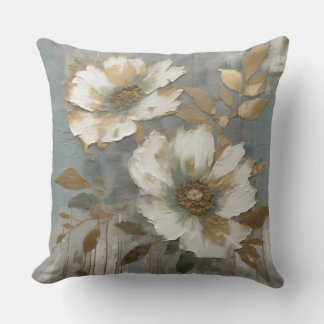 Light Dusty Blue White Gold Contemporary Floral Cushion