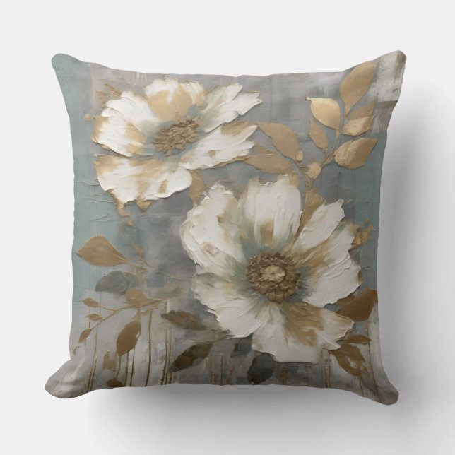 Light Dusty Blue White Gold Contemporary Floral Cushion (Front)