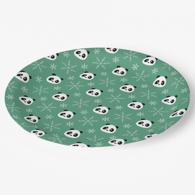 Light Evergreen - Cute Pandas with Snowflakes Paper Plate (Angled)