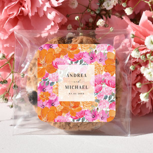Light Faded Pink and Orange Floral Bright Wedding Square Sticker