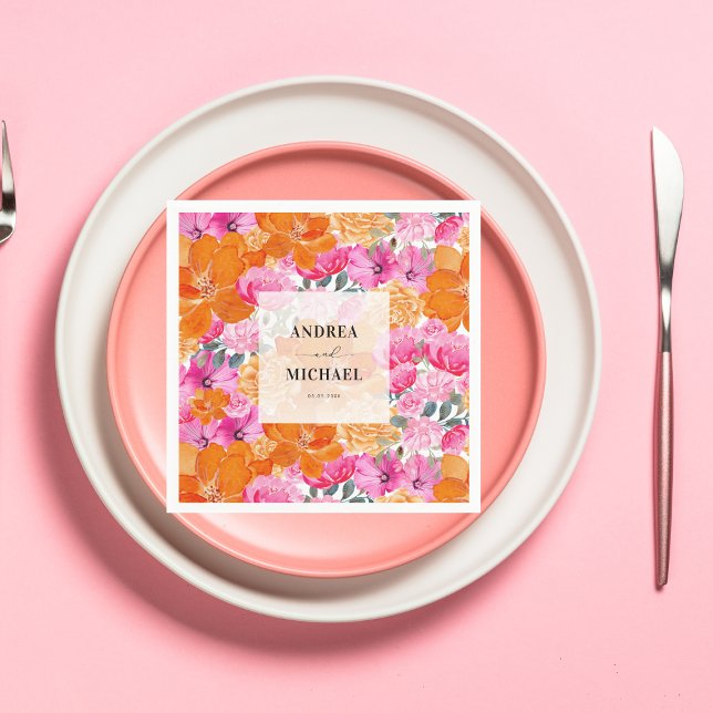 Light Faded Pink and Orange Floral Summer Wedding Napkin (Creator Uploaded)