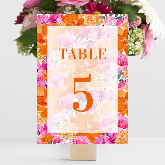 Light Faded Pink Orange Floral Table 5 Wedding Table Number (Creator Uploaded)