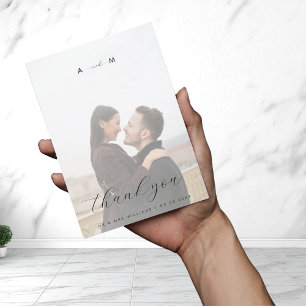 Light Fading Photo Monogram Elegant White Wedding Thank You Card