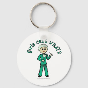 Light Female Surgeon in Green Scrubs Key Ring