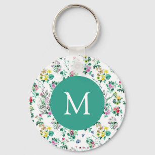 Light Floral Pattern Teal Monogram Key Ring