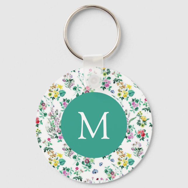 Light Floral Pattern Teal Monogram Key Ring (Front)