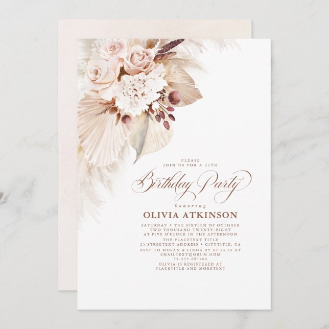 Light Flowers and Pampas Grass Boho Birthday Invitation (Front/Back)