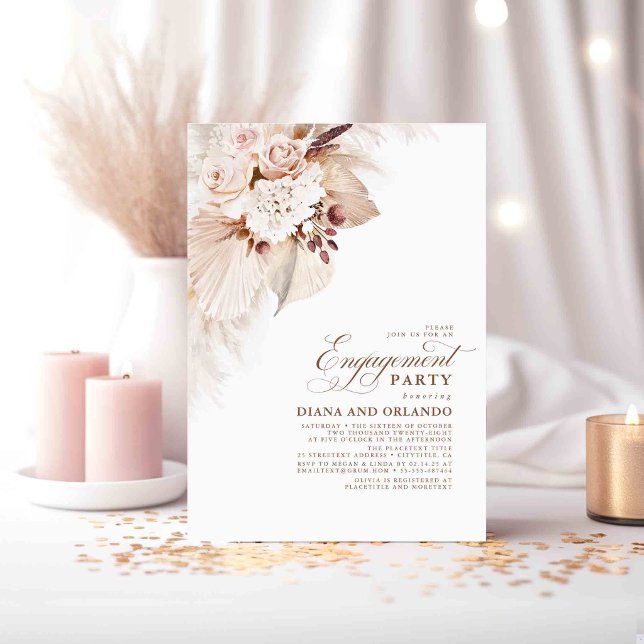 Light Flowers Pampas Grass Boho Engagement Party Invitation (Elegant Cream and Blush Flowers Engagement Party Invitations)