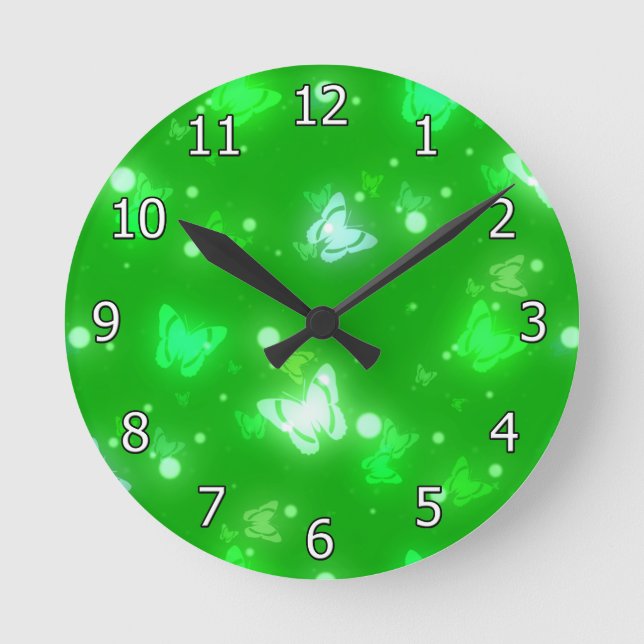 Light Glow Butterflies Bright Green Design Round Clock (Front)