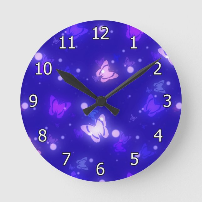 Light Glow Butterflies Dark Blue Design Round Clock (Front)