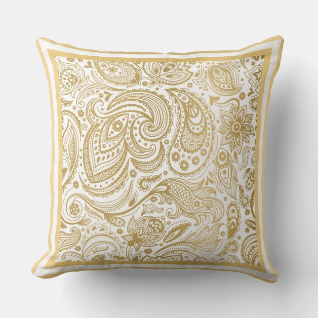 Light Gold And White Paisley & Geometric Frame Cushion (Front)