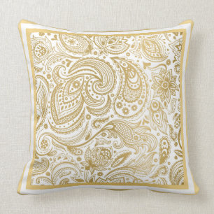Light Gold And White Paisley & Geometric Frame Cushion