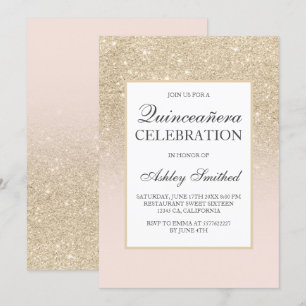 Light gold girly glitter elegant chic Quinceañera Invitation