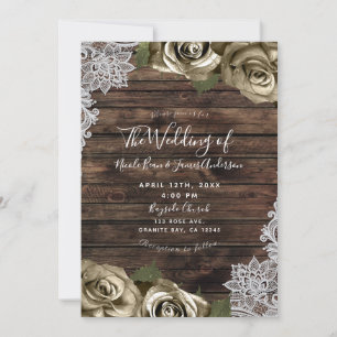 Light Gold Glam Floral Roses Rustic Wood Lace  Invitation