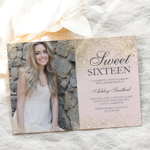 Light gold glitter chic blush pink photo Sweet 16 Invitation