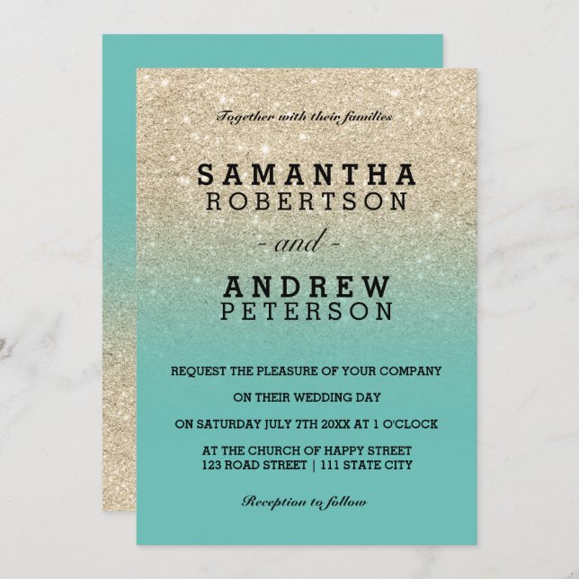 light gold glitter light teal ombre wedding invitation (Front/Back)