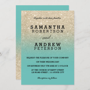 light gold glitter light teal ombre wedding invitation
