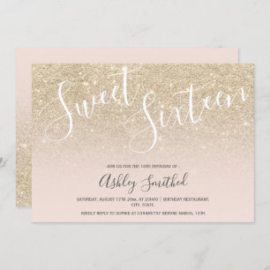 light gold glitter ombre pink sweet sixteen invitation