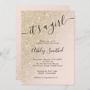 light gold glitter pink ombre block baby shower invitation