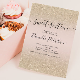 light gold glitter sparkles pink ombre sweet 16 invitation